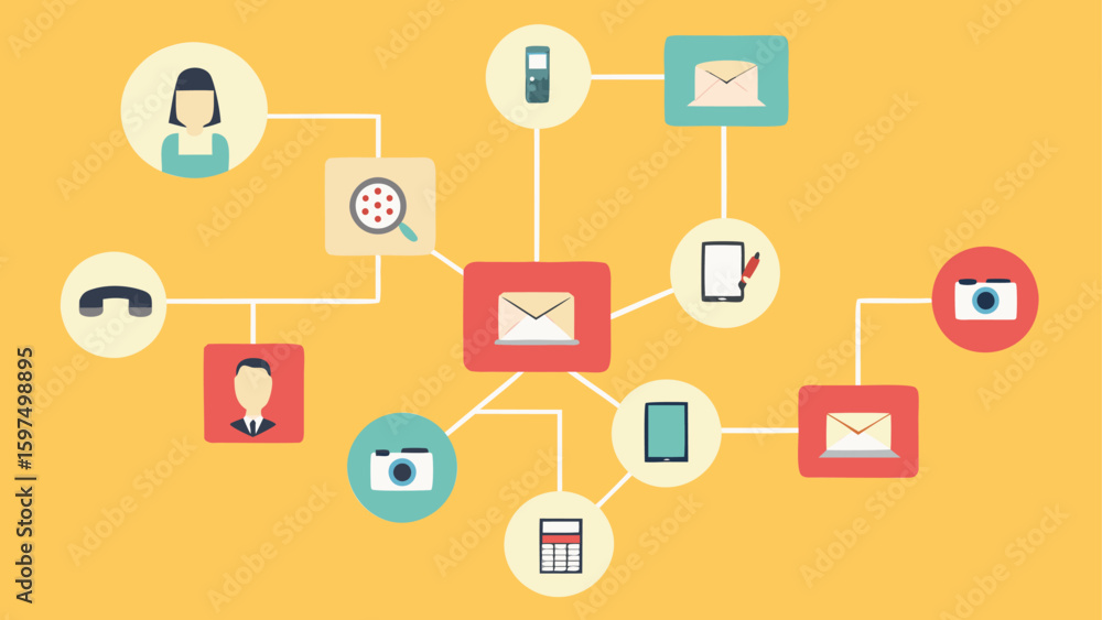 Poster network of communication devices and user profiles connected by lines on a yellow background visual 