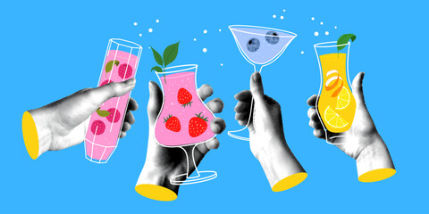Group people drink summer cocktails. Halftone hands holding alcoholic and non-alcoholic drinks. People celebrate event together. Modern collage. Human hands with cocktails clink glasses