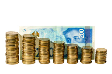 Money. Columns with coins, a banknote of 200 is standing behind coins on a white background. All money is new Israeli shekels on a transparent background.