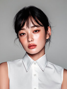 Korean Beauty Model for Skincare and Cosmetic Advertisement, Korean K-Beauty Model in Simple Outfit for Skincare and Cosmetic Stock Photo 