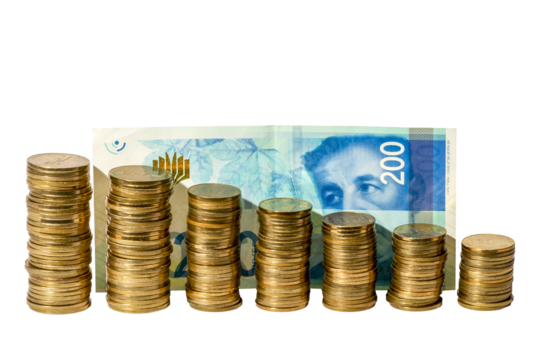 Money. Columns with coins, a banknote of 200 is standing behind coins on a white background. All money is new Israeli shekels on a transparent background.