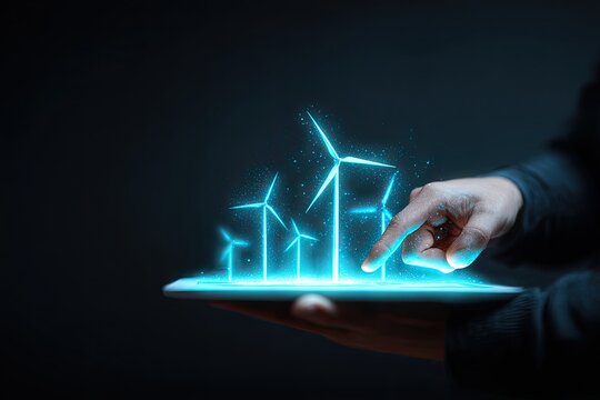 Hand holding tablet, wind turbines projected