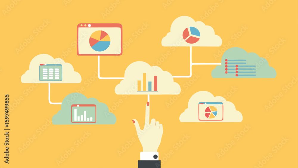 Poster illustration of cloud computing network with charts and graphs connected by lines and a hand touchin