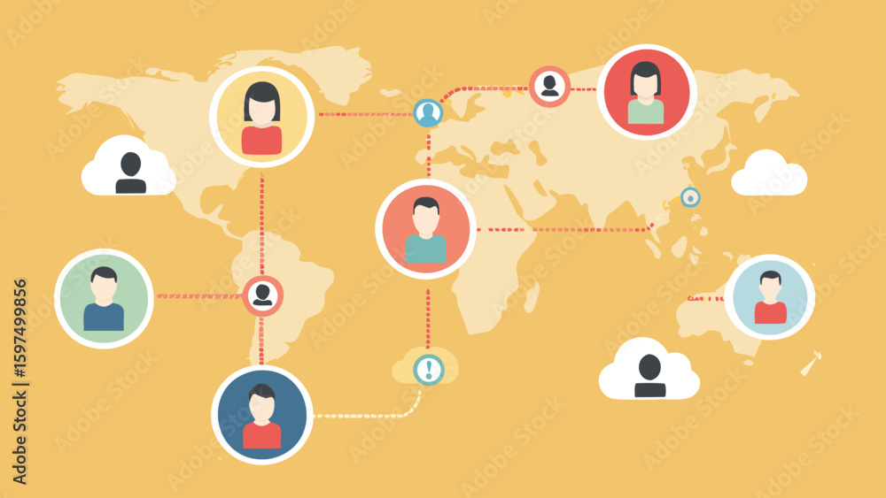 Poster global network connecting people across the world with dotted lines and cloud icons on a world map