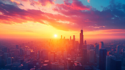 Fototapeta premium Chicago skyline sunset aerial view cityscape urban buildings twilight horizon scenic travel destination 100