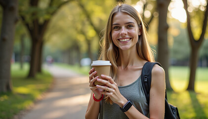 Smiling young woman holding a coffee cup in a park during a sunny day