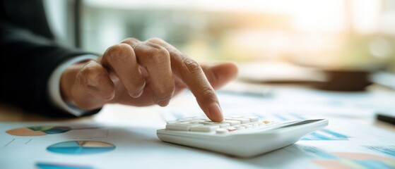 The focused hand on a calculator amidst financial reports and charts.