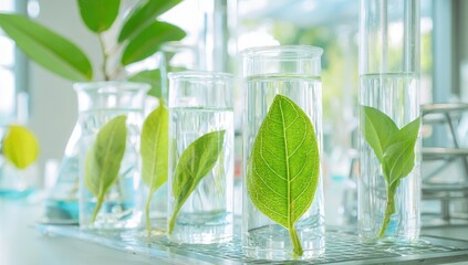 Green leaves in lab glass containers