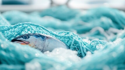 Close-up of commercial fishing net with trapped tuna on ship's deck  