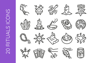 Ritual icons. Set of 20 ritual trendy minimal icons. Example: Candle, Crystal, Incense, Spellbook, Pentagram icon. Design signs for web page, mobile app, packaging design. Vector illustration