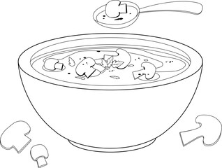 Bowl of mushroom soup. Homemade soup with vegetables, mushroom soup with spoon. Vector black and white coloring page.