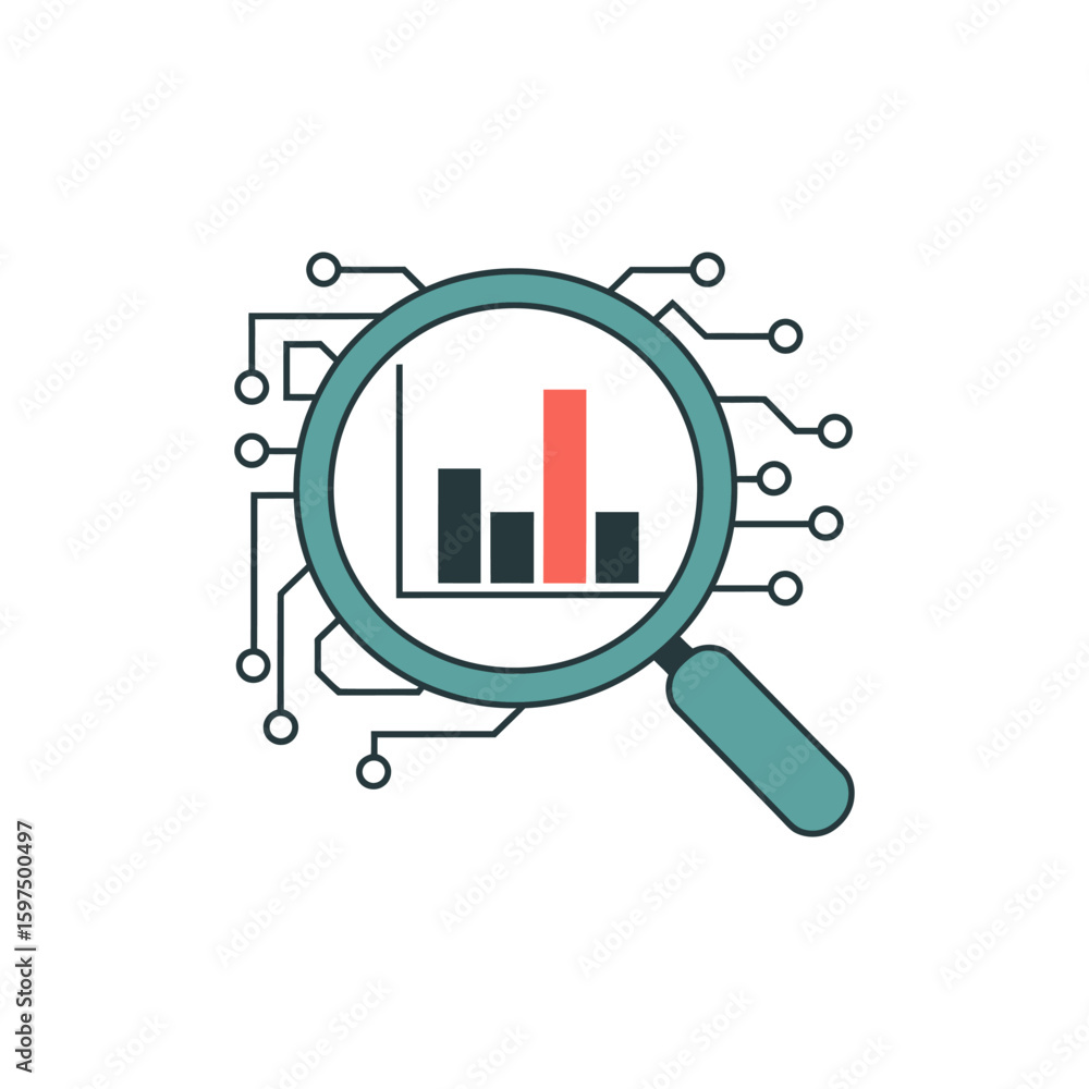 Poster data analysis with technology focus using a magnifying glass over a graph in a circuit board