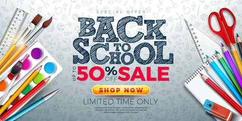 Back to School Sale Banner Design with Alarm Clock, Colorful Pencil, Brush and School Items on Blue Hand Drawn Doodles Background. Vector Business Concept Illustration with Special Offer Typography