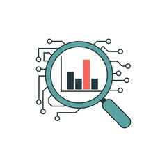 Data analysis with technology focus using a magnifying glass over a graph in a circuit board