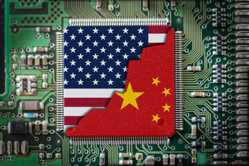 Flag USA and China on Computer Chip. Trade conflict concept
