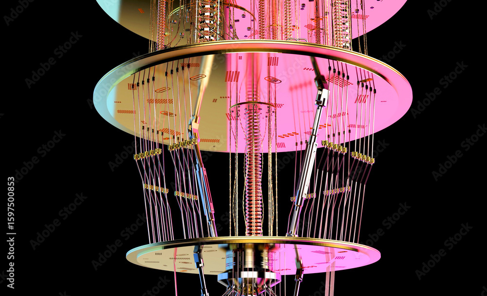 Poster quantum computer machine close up with neon light