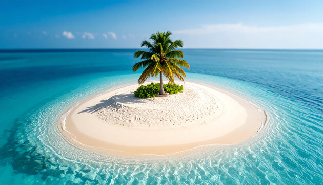 &icirc;le mignonne perdue au milieu de l'oc&eacute;an, sable clair, mer turquoise, palmier