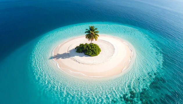 petite &icirc;le de sable blanc, palmier ou cocotier, mer turquoise transparente
