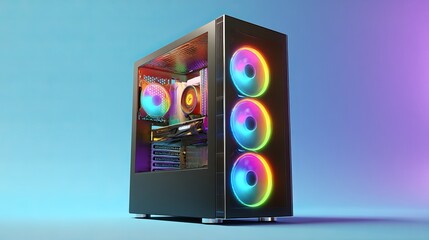 High-End Gaming PC with RGB Lighting Showcased Against Vibrant Gradient Background in a Modern Setup