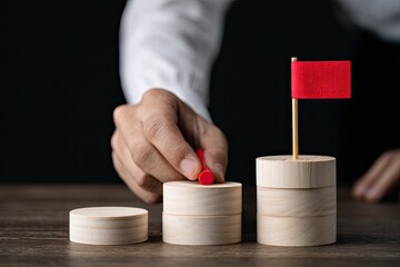 Hand placing a red flag on top of wooden circles