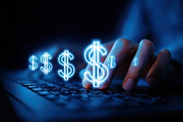 Hands typing on laptop, dollar signs