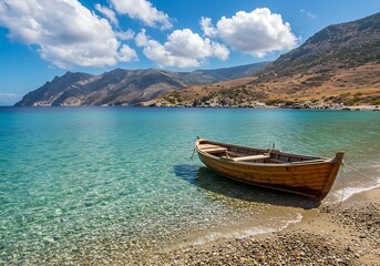 Wooden rowboat rests on a sandy beach beside crystal clear turquoise water