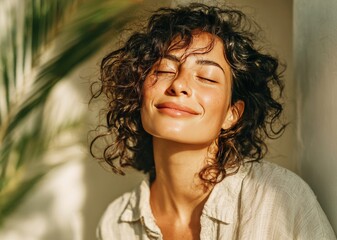 Fototapeta premium Young woman enjoying sunlight with closed eyes and smiling