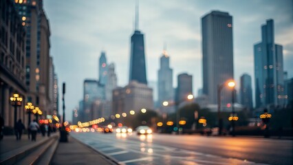Fototapeta premium Chicago skyline view at dusk blurs city buildings and street lights