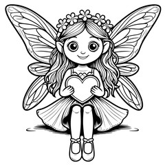 Fototapeta premium Cute Coloring Book Fairy Holding a Heart perfect for Fairy coloring pages
