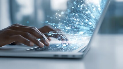 Typing on Laptop Creates Light Burst Effect, High-Tech Connection, Global Network Digital Flow