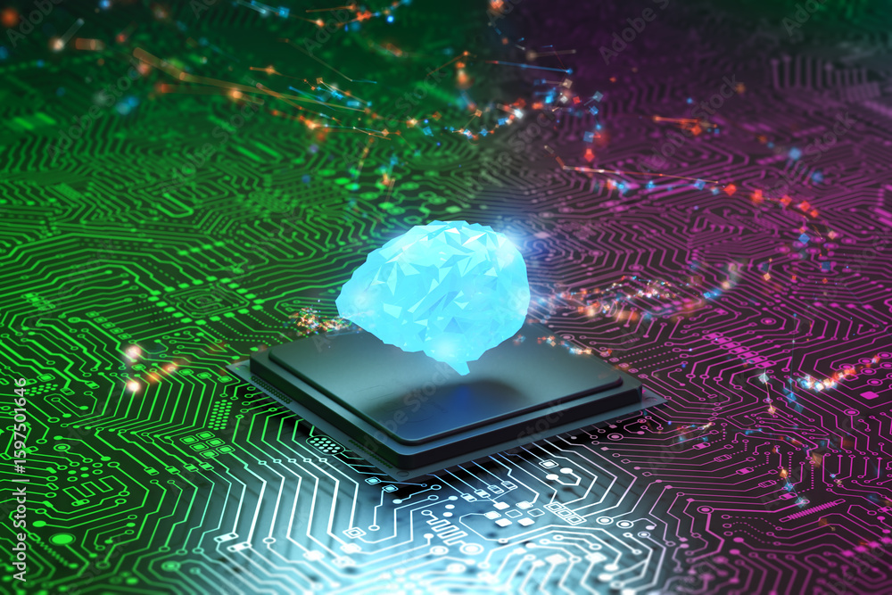 Poster artificial intelligence brain on cpu chipset with circuit background