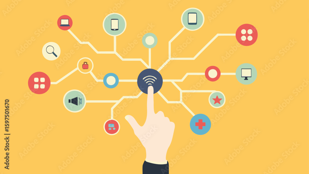 Poster hand touching a central node connected to various icons on a yellow background network concept