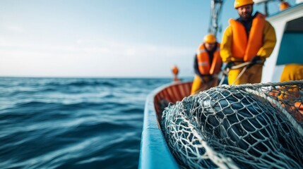 Fototapeta premium Diverse crew members working on a commercial fishing boat at sea 