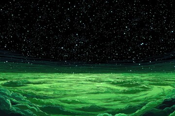 Pixel art of a vibrant green planetary ring system under a starry night sky