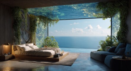Fototapeta premium Infinity Room. Modern Bedroom Interior with Sea Views from Windows