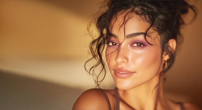 Beautiful hispanic model posing with warm lighting and purple eyeshadow