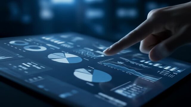 Business analysis with futuristic dashboard, touching a chart on a digital tablet