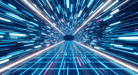 Neon Light Tunnel A futuristic digital journey through blue and white illuminated pathways.