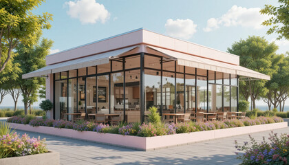 Modern outdoor cafe with large glass windows, surrounded by lush greenery and colorful flowers, featuring pink exterior, outdoor seating, and bright, sunny sky