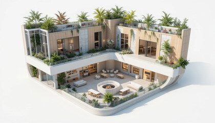 Modern two story rooftop terrace with lush greenery, outdoor seating, and glass railings, designed for relaxation and social gatherings, featuring stylish and contemporary architectural style