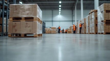 Workers packing pallets in a large commercial warehouse facility  