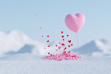 Pink heart balloon with falling hearts on snow