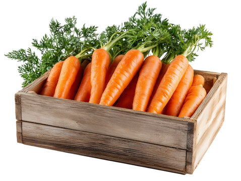 A vibrant bunch of fresh carrots with lush green tops is presented in a rustic wooden box