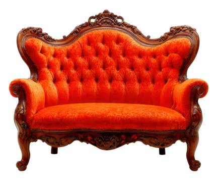 Luxurious orange tufted victorian sofa with intricate wood carvings isolated on transparent background