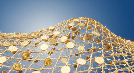 Golden Coins in a Net Against a Clear Blue Sky - Conceptual Metaphor of Financial Security and Investment Opportunities