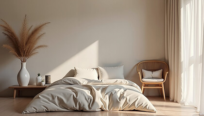 Serene bedroom interior with a cozy bed and minimalistic decor in soft tones