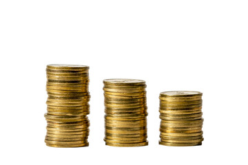 Money. Columns with coins stand on a white background. All money is new Israeli shekels on a transparent background.