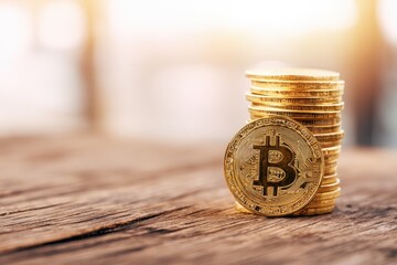 Golden Bitcoin stack on weathered wood