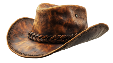 Realistic brown leather cowboy hat with a smooth yet rugged appearance and elegant braid line on transparent background