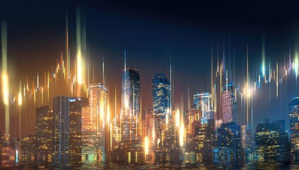 Cityscape at night with glowing financial charts